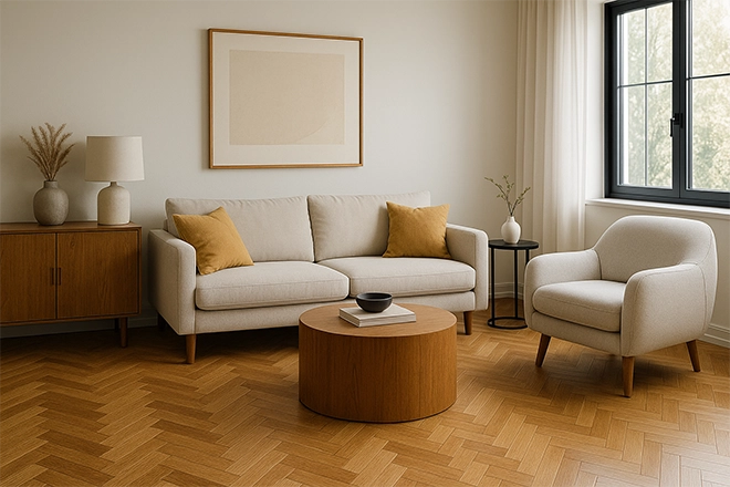 ChatGPT Image of a living room with parquet flooring