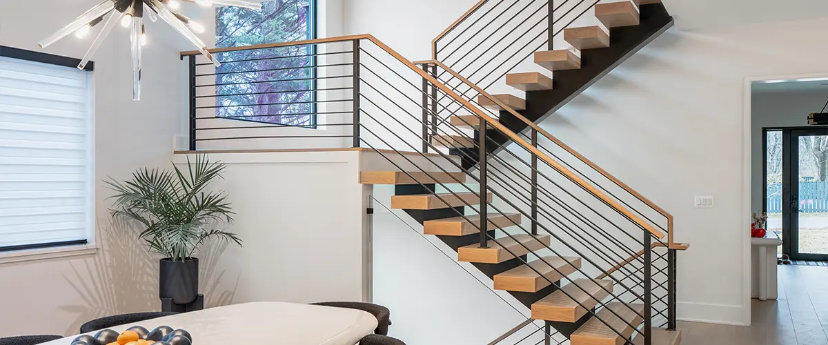 contemporary stair railing with wood steps and metal horizontal bars