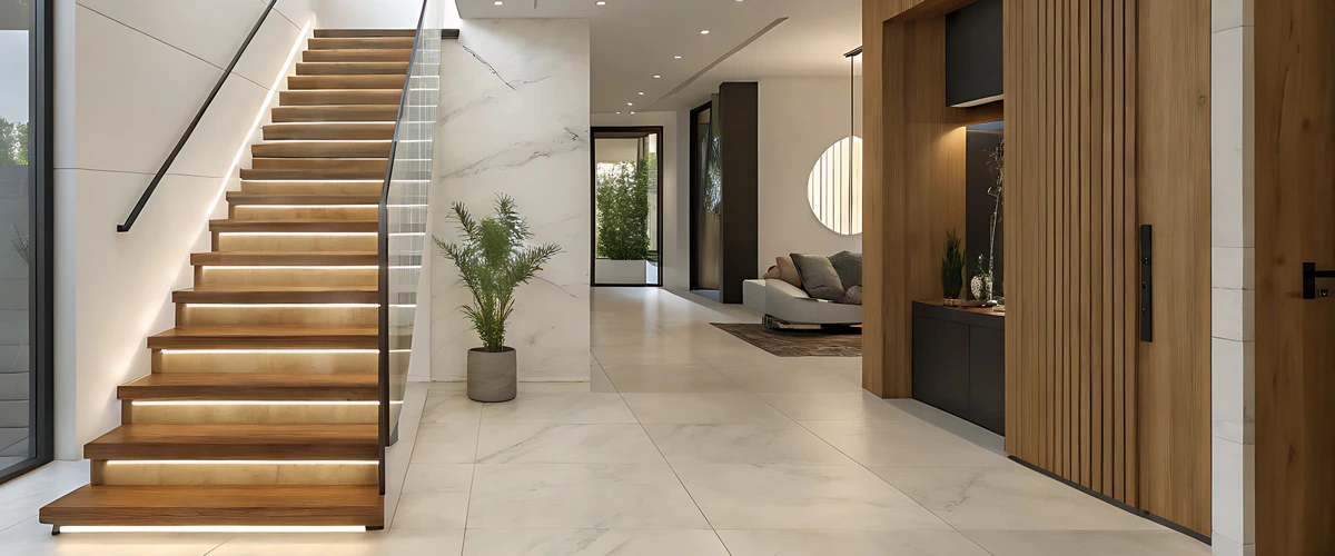 Luxury minimalist stair featuring floating wooden treads with integrated LED strip lighting against a marble wall and glass railing.