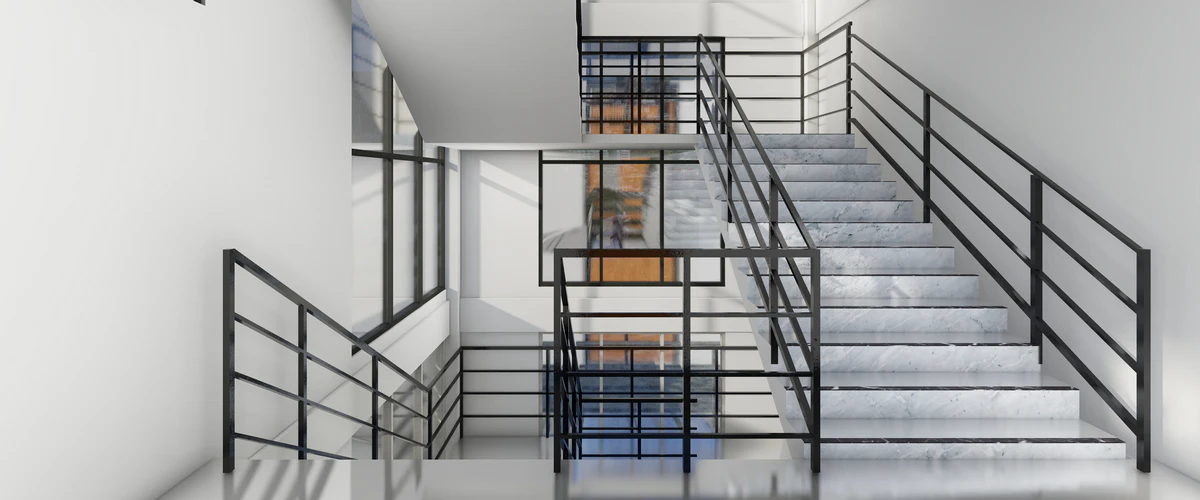Bright architectural multi-level stair featuring white marble stone treads and black metal horizontal bar railings against white walls and large window frames.