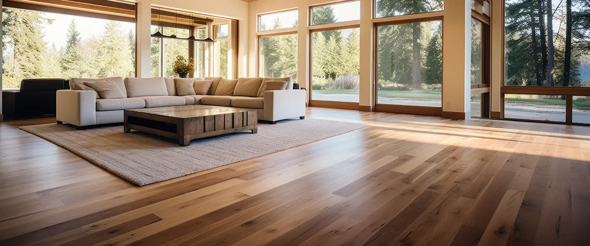 hardwood flooring in bright living room with large windows and seating