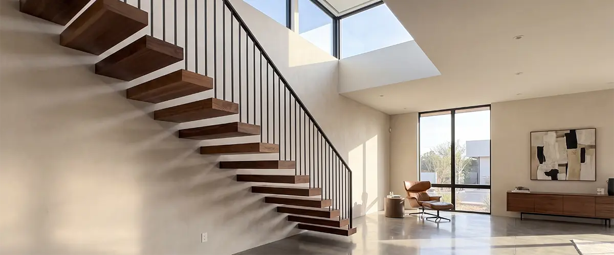 floating stairs with wood treads and vertical cable railing