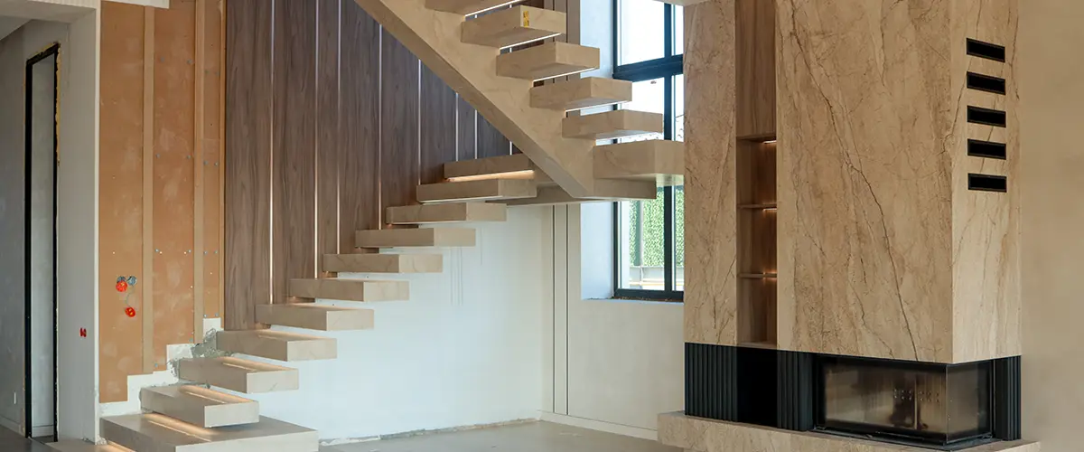 floating staircase with suspended wood steps and cable supports