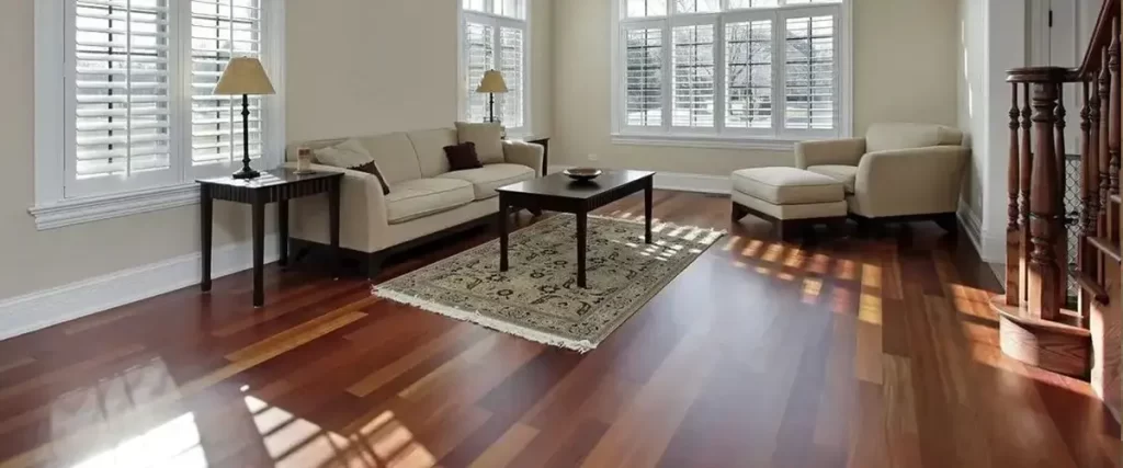 Best Type of Wood for Hardwood Floors: Picking the Right Species 1 Elegant living room with polished hardwood flooring and natural sunlight through large windows